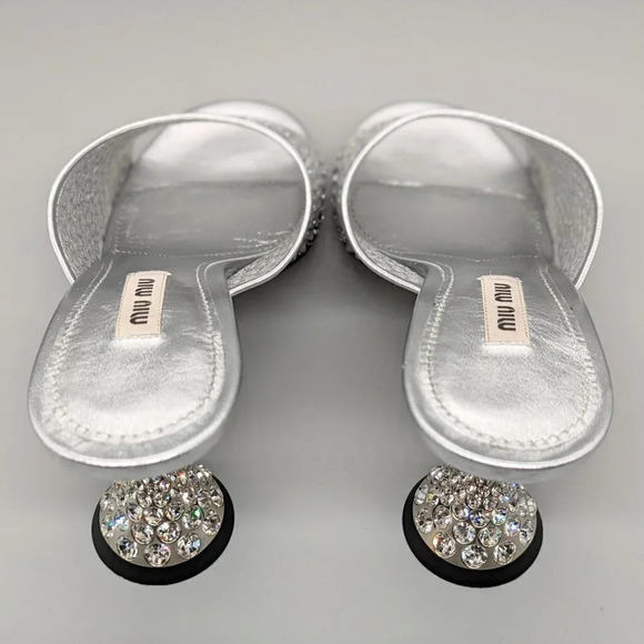 Miu Miu Women's Embellished Slide Heel Sandals Argento Size 38 (MSRP $1,200) - Picture 6 of 11